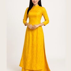 Yellow Two-Tone Silky Women's Ao Dai Set of 2 Top and Pants